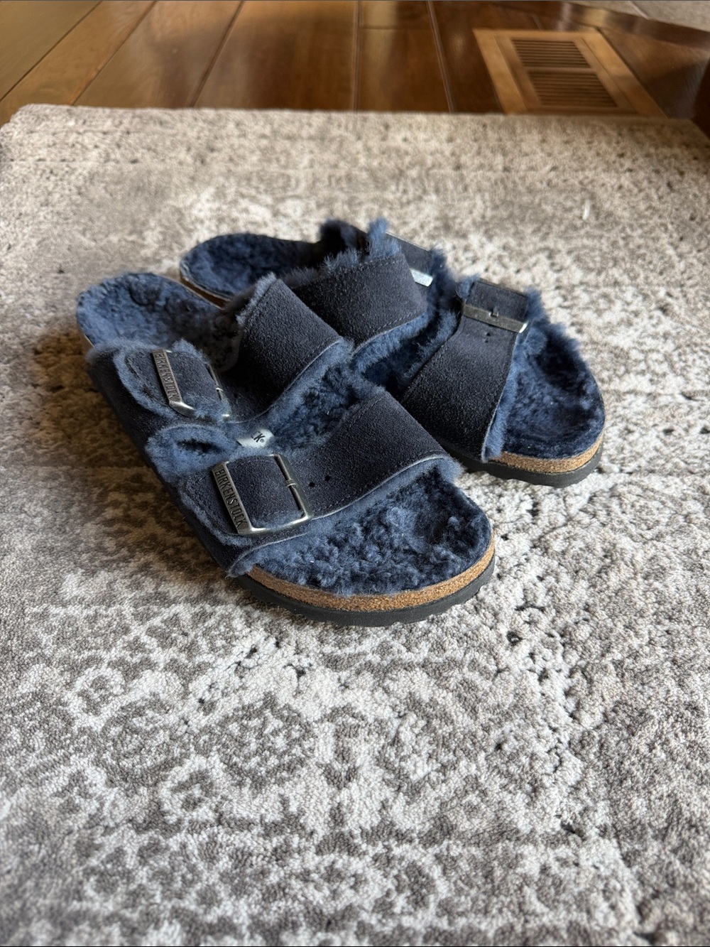 Birkenstock Navy Shearling Arizona Double-Buckle Sandals